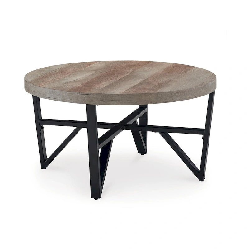 3-Piece Coffee and End Table Set - Brown Wood Round Top with Black Angular Base