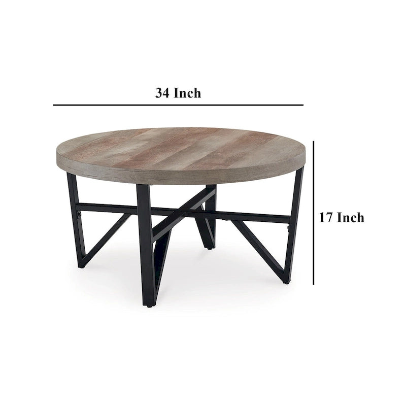 3-Piece Coffee and End Table Set - Brown Wood Round Top with Black Angular Base