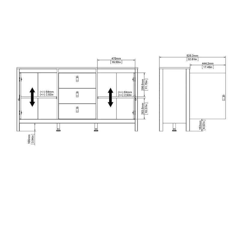 Modern-Traditional 2-Door Sideboard with 3 Drawers and Adjustable Shelves