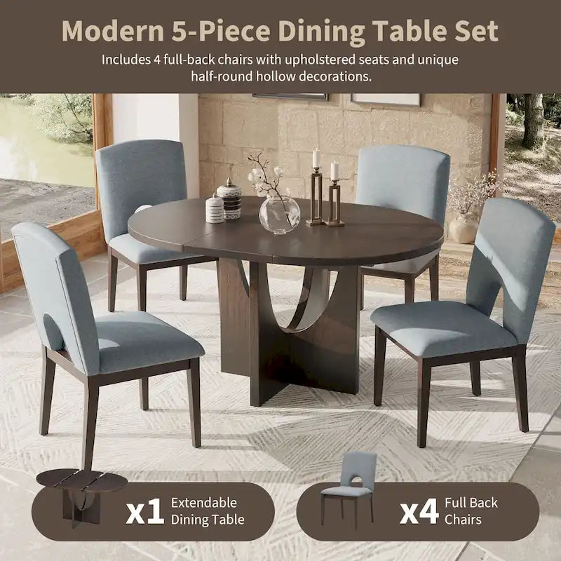 5-Piece Round Extendable Dining Table Set with Upholstered Chairs