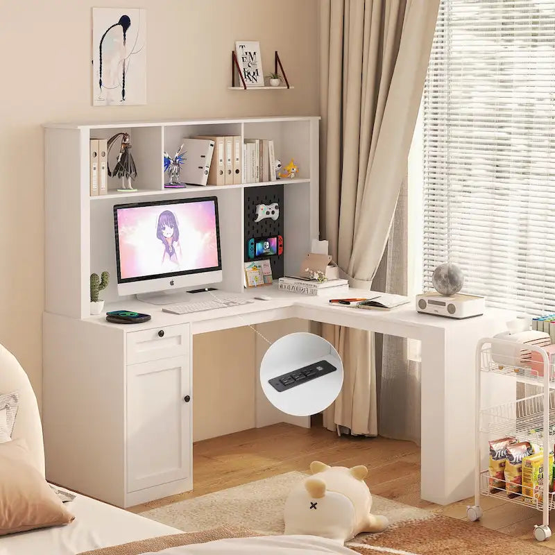 L Shaped Desk with outlet, Computer Desk with Drawers, Bookshelf
