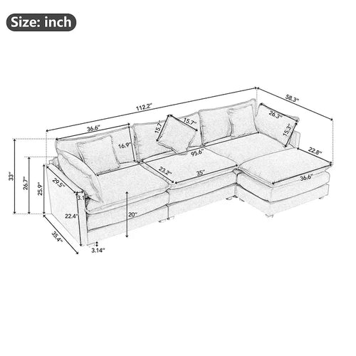 112.2" Modern L-Shaped 4-Seat Sectional Sofa with Removable Ottoman and 5 Pillows