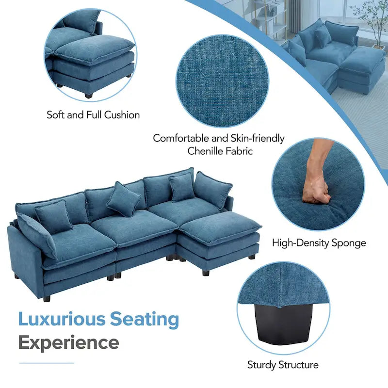 112.2" Modern L-Shaped 4-Seat Sectional Sofa with Removable Ottoman and 5 Pillows