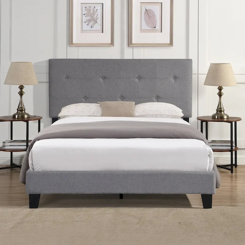 Gray Queen Upholstered Platform Bed with Linen Fabric Headboard and Slat Support