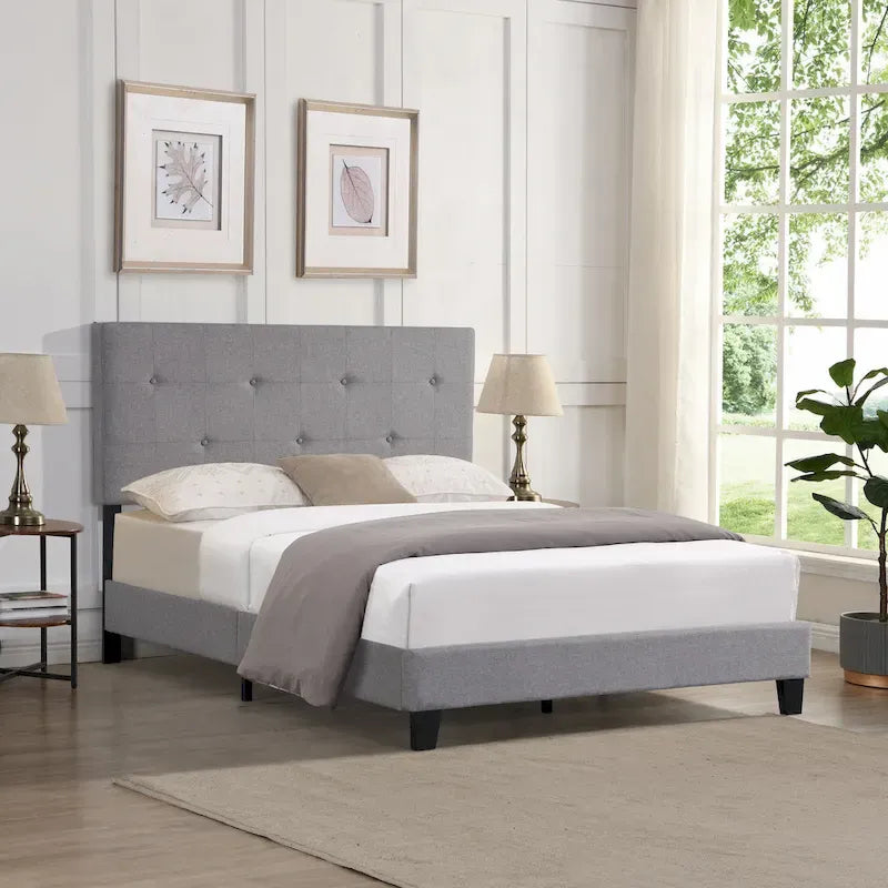 Gray Queen Upholstered Platform Bed with Linen Fabric Headboard and Slat Support