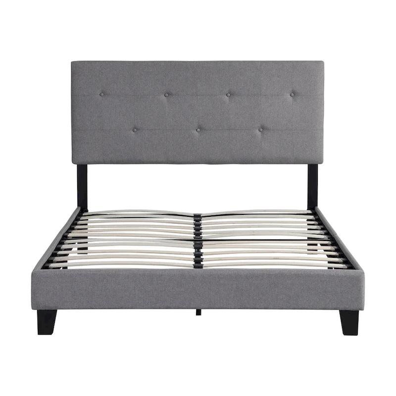 Gray Queen Upholstered Platform Bed with Linen Fabric Headboard and Slat Support