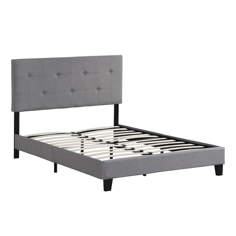 Gray Queen Upholstered Platform Bed with Linen Fabric Headboard and Slat Support