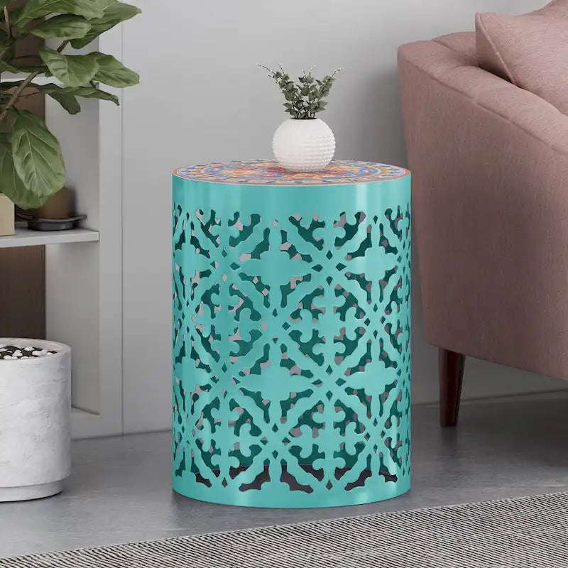 Indoor Lace Cut Side Table with Tile Mosaic Top