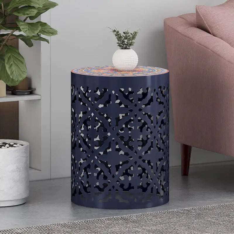 Indoor Lace Cut Side Table with Tile Mosaic Top