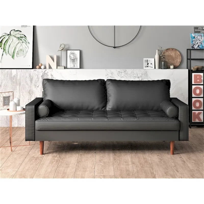 Faux Leather Mid-Century Modern Loveseat with Button Tufting
