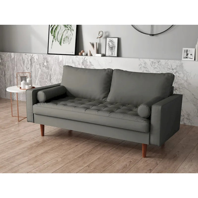 Faux Leather Mid-Century Modern Loveseat with Button Tufting