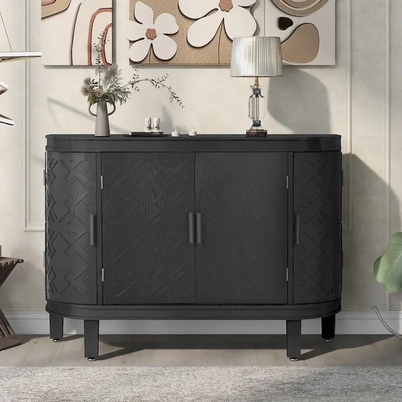 Retro Wooden Sideboard Cabinet with Antique Pattern Doors
