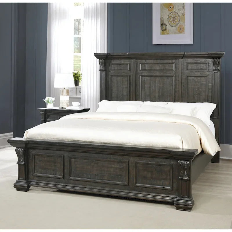 Distressed Dark Walnut Wood Panel Bedroom Set - 5 Pieces