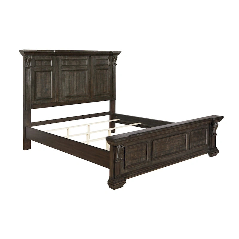 Distressed Dark Walnut Wood Panel Bedroom Set - 5 Pieces