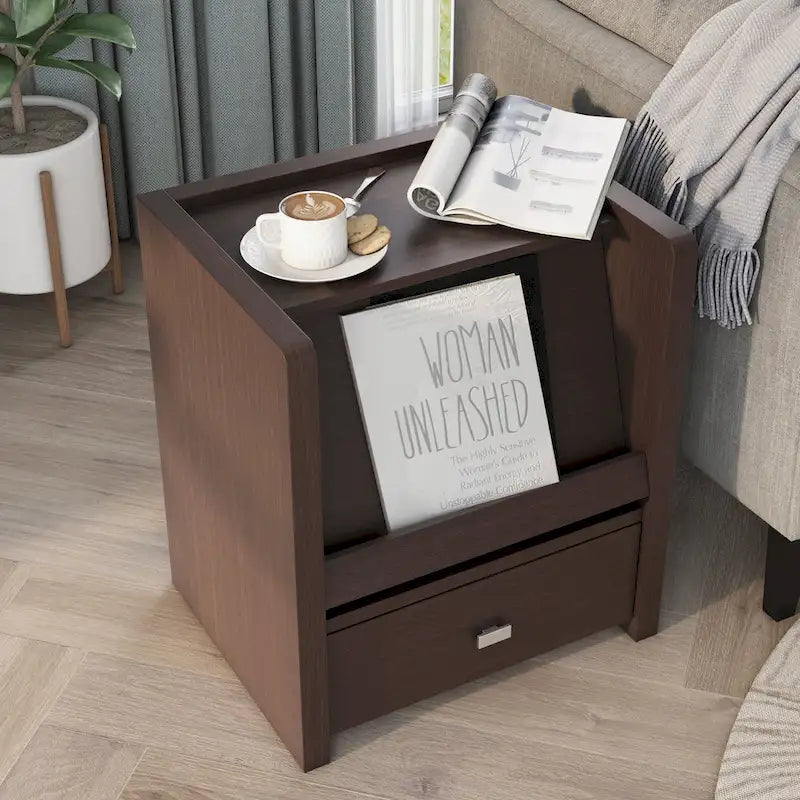 Modern Walnut 18-Inch Side Table with Pull-Out Magazine Stand and Drawer