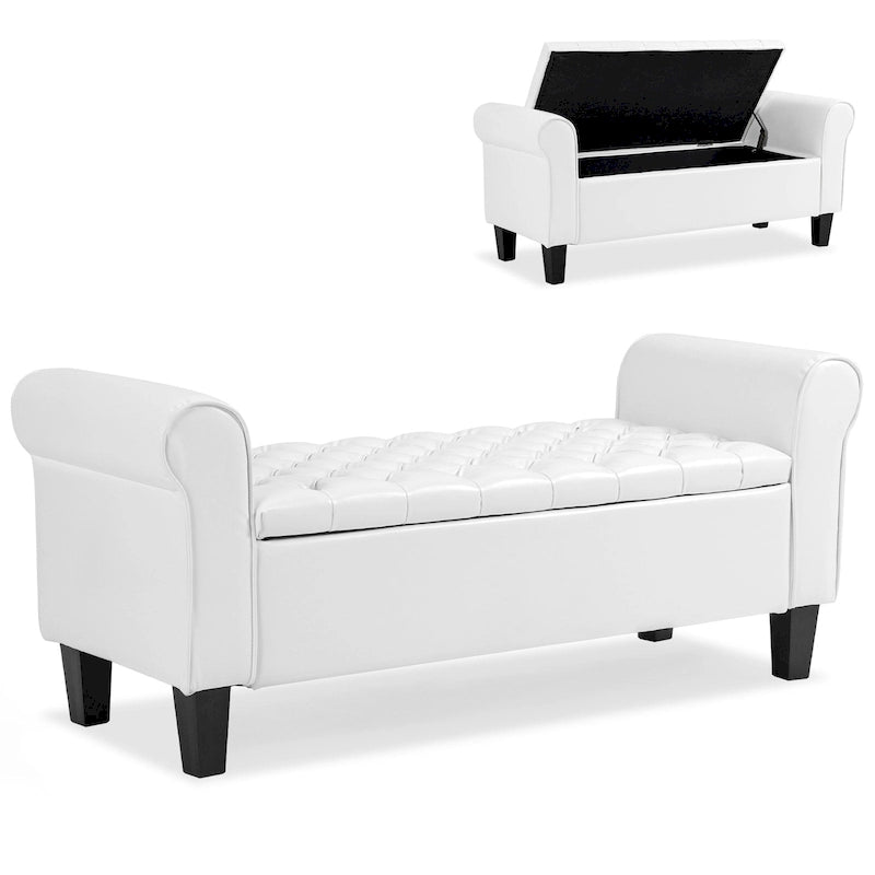 Leather Upholstered Storage Ottoman Bench with Arms