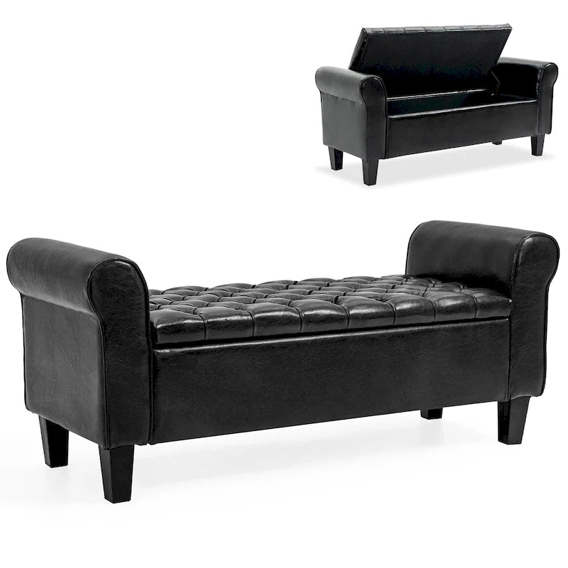 Leather Upholstered Storage Ottoman Bench with Arms
