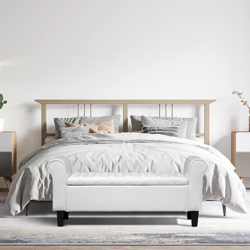 Leather Upholstered Storage Ottoman Bench with Arms