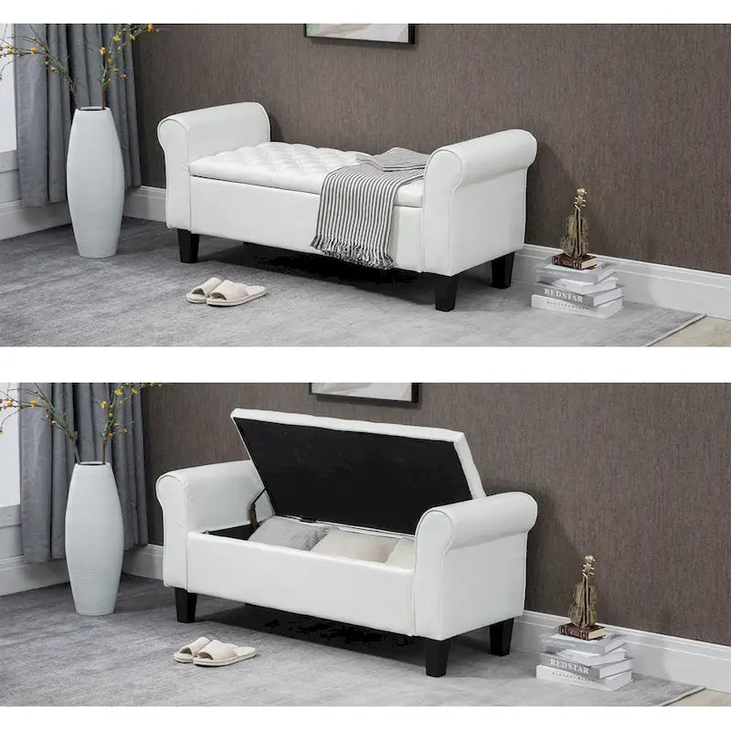 Leather Upholstered Storage Ottoman Bench with Arms