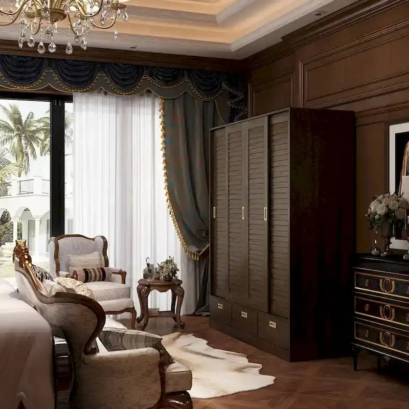 Brown Wood Grain Wardrobe with Drawers, Hanging Rod 4 Sliding Doors