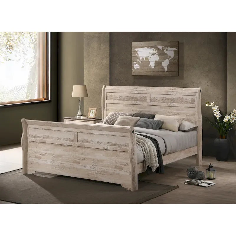 5-Piece Contemporary White Wash Bedroom Set with Sleigh Bed, Dresser, Mirror, Nightstand, and Chest