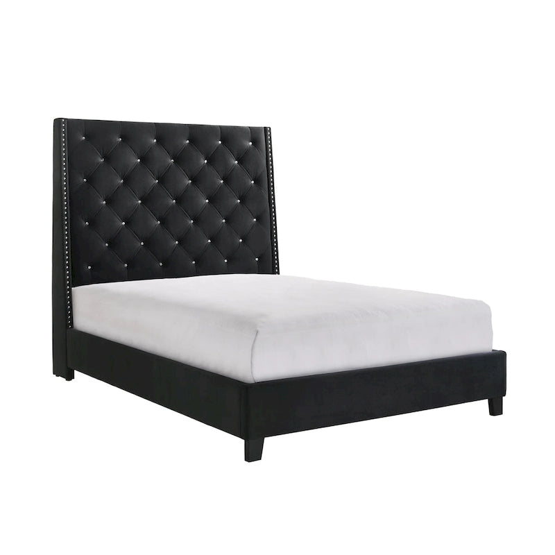 Black Velvet Upholstered Tufted Bed - Modern Design