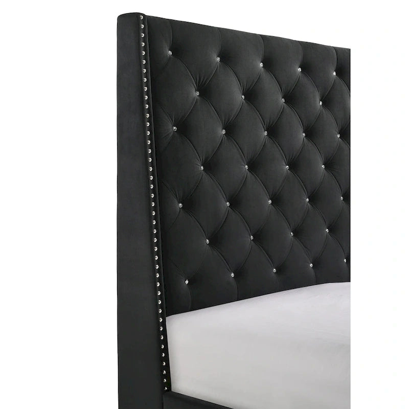 Black Velvet Upholstered Tufted Bed - Modern Design