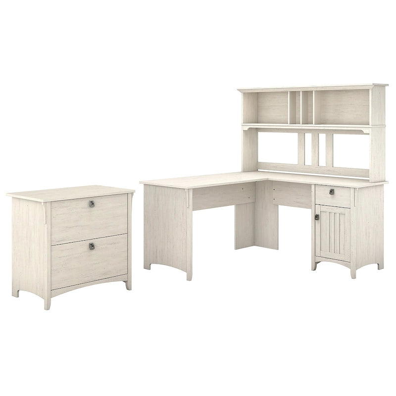 60W L-Shaped Desk with Hutch and Lateral File Cabinet - White