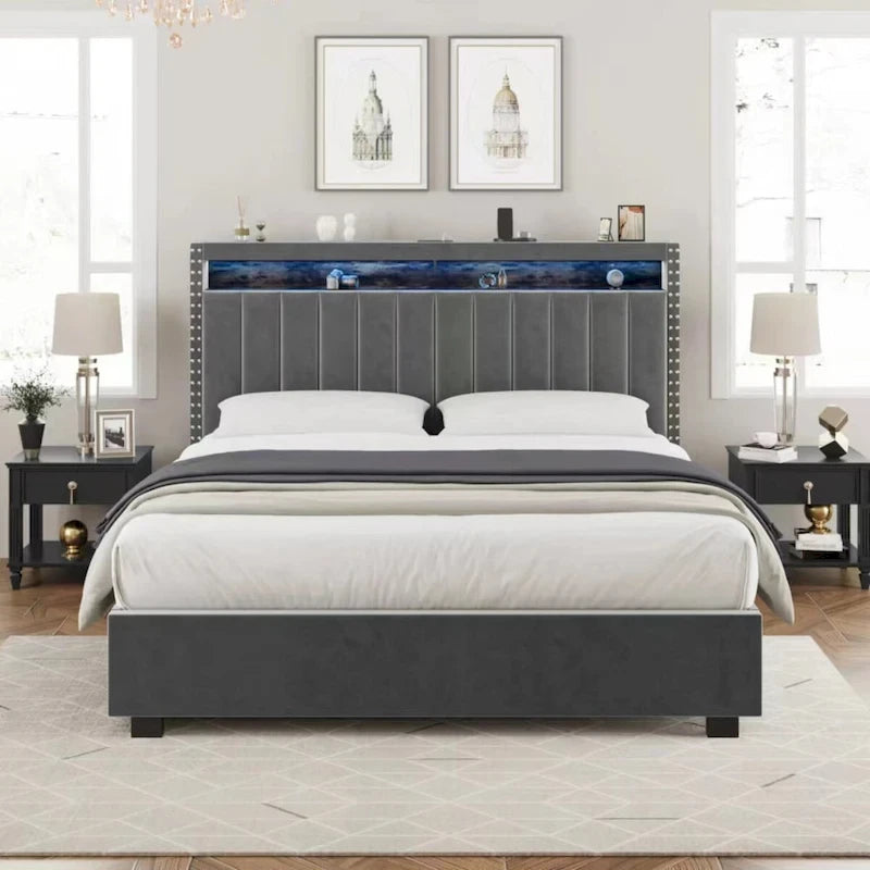 Queen Size Gas Lift Storage Bed with LED Headboard and Velvet Upholstery
