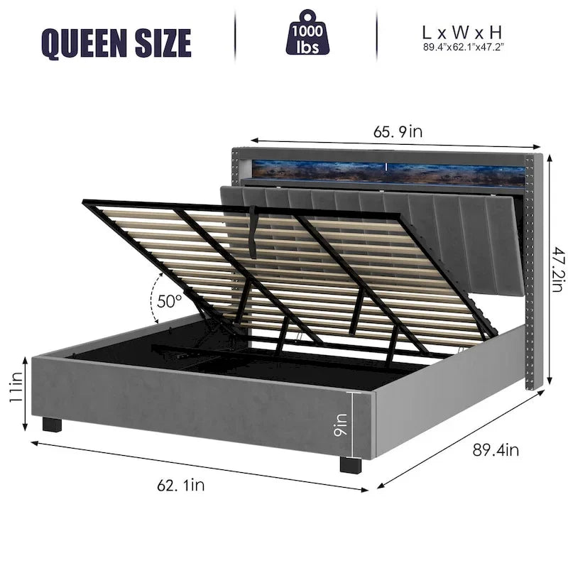 Queen Size Gas Lift Storage Bed with LED Headboard and Velvet Upholstery