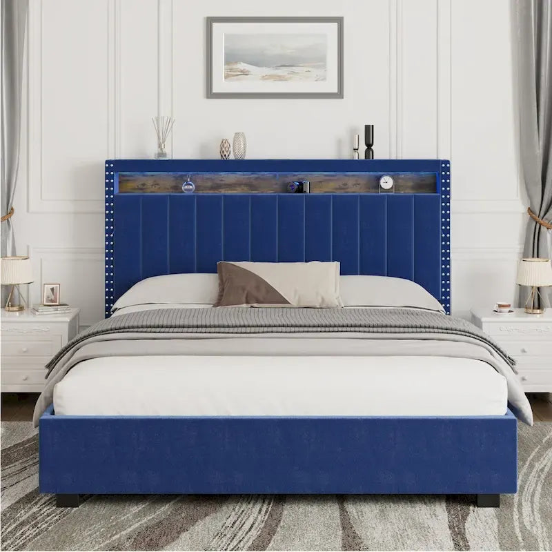 Queen Size Gas Lift Storage Bed with LED Headboard and Velvet Upholstery