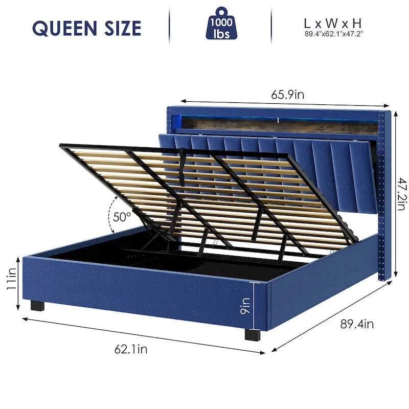 Queen Size Gas Lift Storage Bed with LED Headboard and Velvet Upholstery