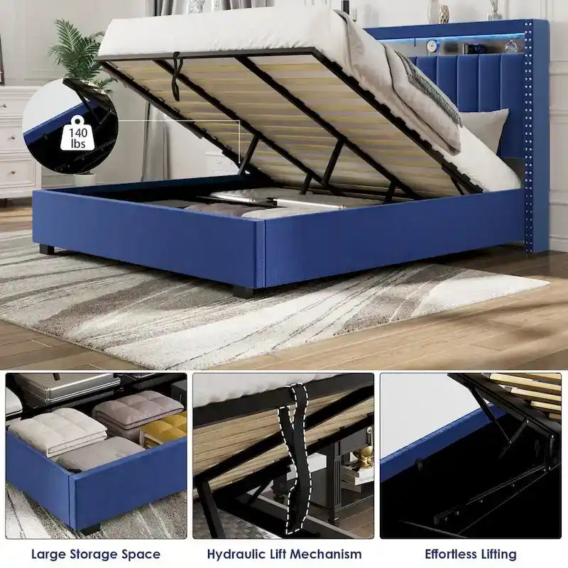 Queen Size Gas Lift Storage Bed with LED Headboard and Velvet Upholstery