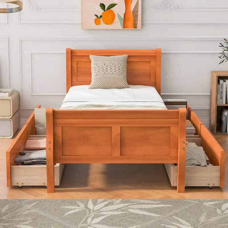 Twin Size Wood Platform Bed with 4 Storage Drawers and Streamlined Headboard