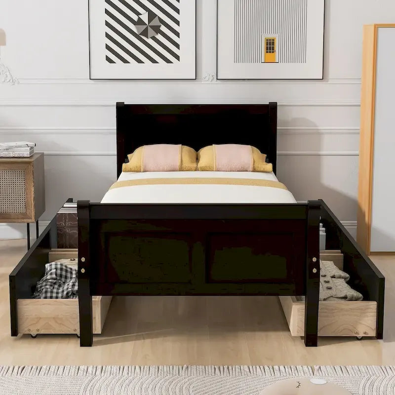 Twin Size Wood Platform Bed with 4 Storage Drawers and Streamlined Headboard