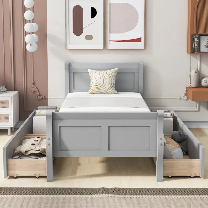 Twin Size Wood Platform Bed with 4 Storage Drawers and Streamlined Headboard