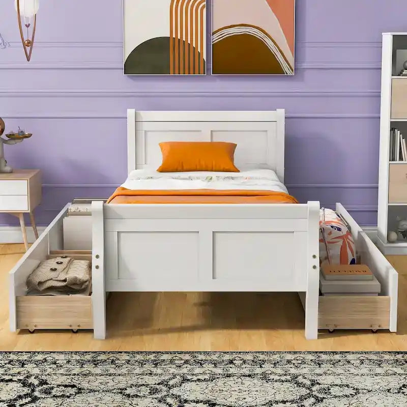 Twin Size Wood Platform Bed with 4 Storage Drawers and Streamlined Headboard