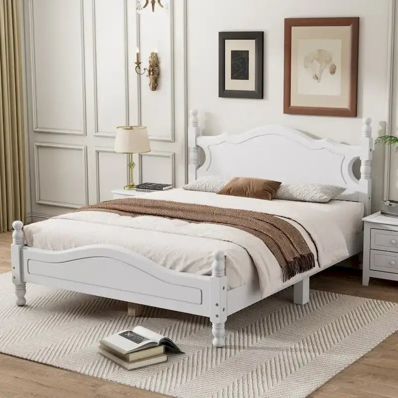 Full Size Retro Wood Platform Bed Frame with Headboard and Slat Support