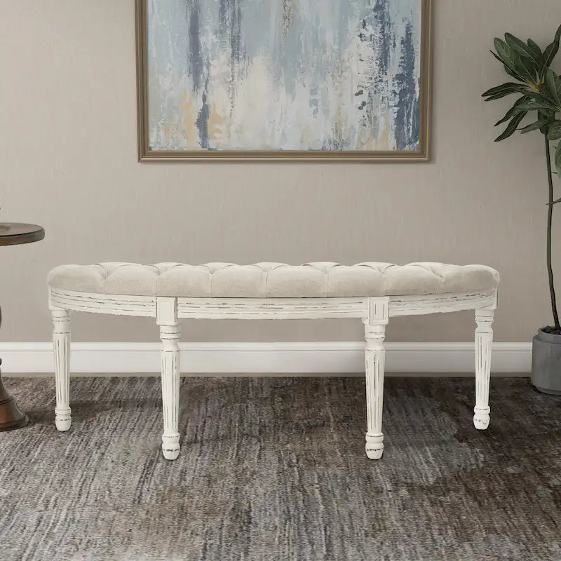 Mid-Century Modern Linen Upholstered Tufted Bench with Fluted Legs