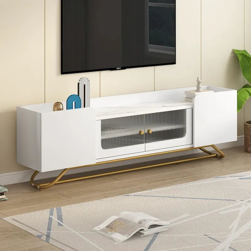 TV Stand with Fluted Glass Doors - Entertainment Center for TVs Up to 70 Inches