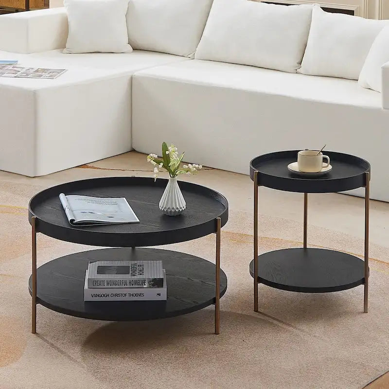 2-Piece Modern Round Nesting Coffee Table Set with 2-Tier Storage