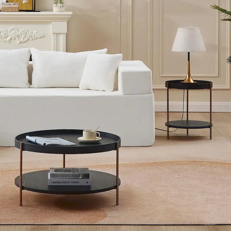 2-Piece Modern Round Nesting Coffee Table Set with 2-Tier Storage