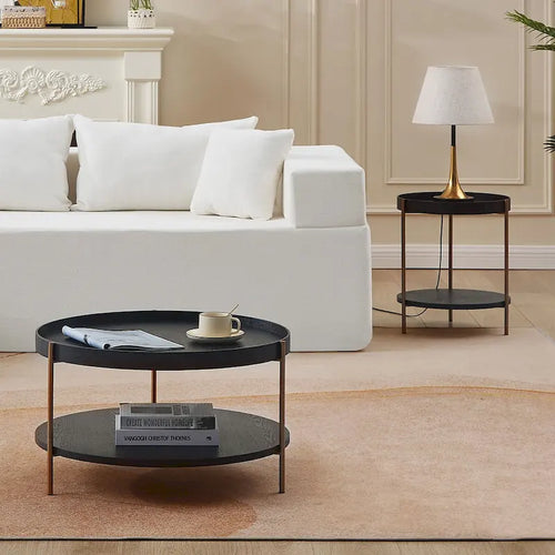 2-Piece Modern Round Nesting Coffee Table Set with 2-Tier Storage
