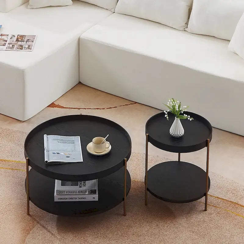 2-Piece Modern Round Nesting Coffee Table Set with 2-Tier Storage