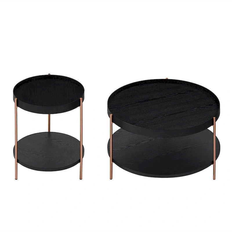 2-Piece Modern Round Nesting Coffee Table Set with 2-Tier Storage