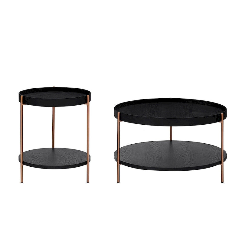 2-Piece Modern Round Nesting Coffee Table Set with 2-Tier Storage