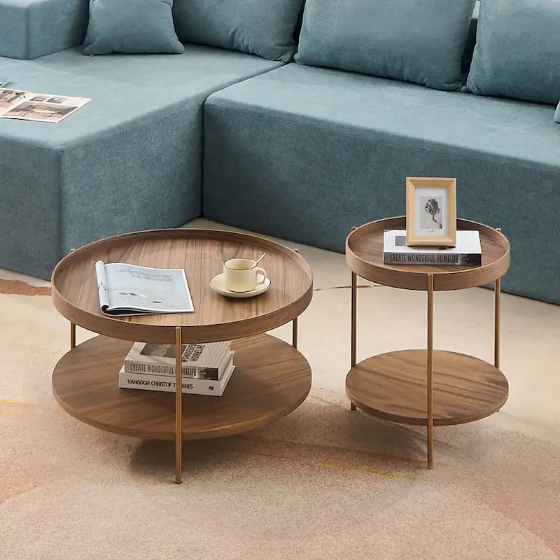 2-Piece Modern Round Nesting Coffee Table Set with 2-Tier Storage