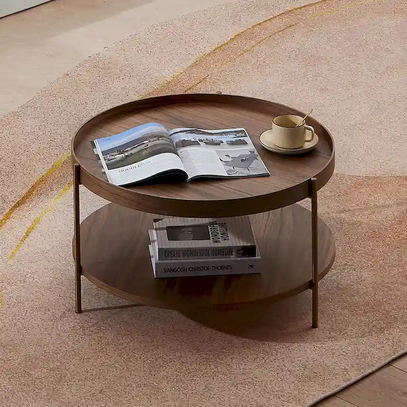 2-Piece Modern Round Nesting Coffee Table Set with 2-Tier Storage