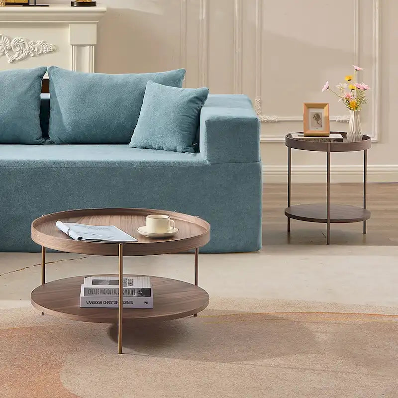 2-Piece Modern Round Nesting Coffee Table Set with 2-Tier Storage