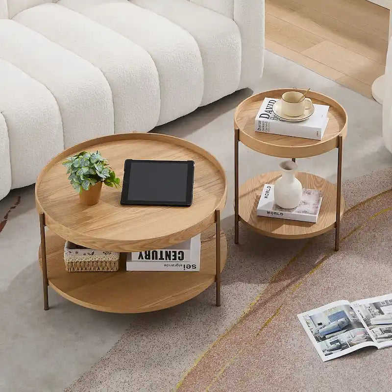 2-Piece Modern Round Nesting Coffee Table Set with 2-Tier Storage